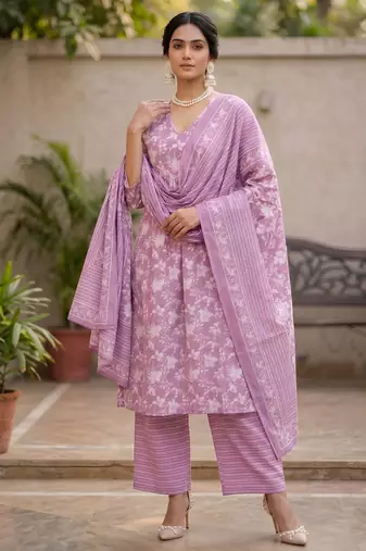 Lavender floral printed a-line kurta set for women