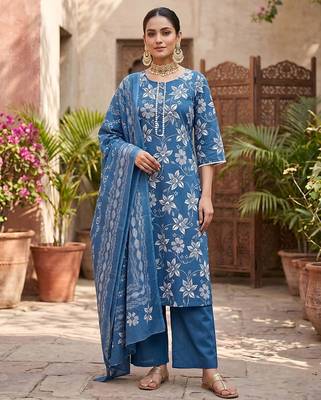Blue floral printed straight kurta set for women 1