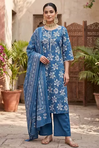 Blue floral printed straight kurta set for women