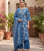 Blue floral printed straight kurta set for women