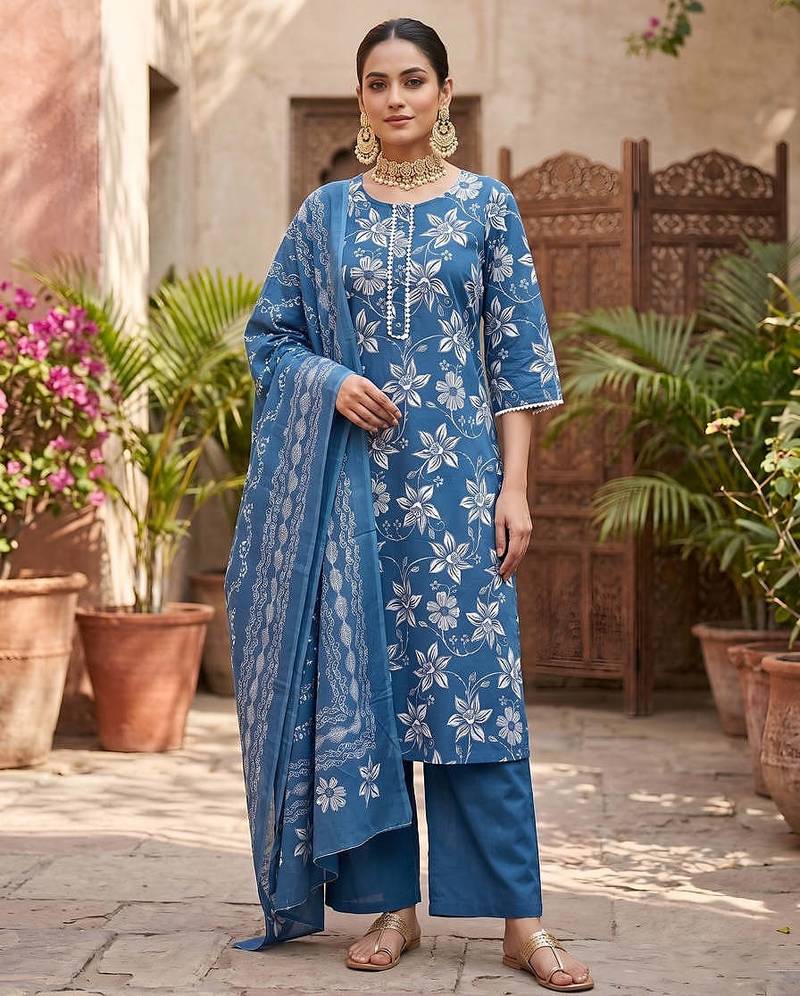 Blue floral printed straight kurta set for women