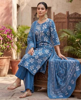 Blue floral printed straight kurta set for women 3