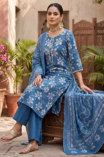 Blue floral printed straight kurta set for women