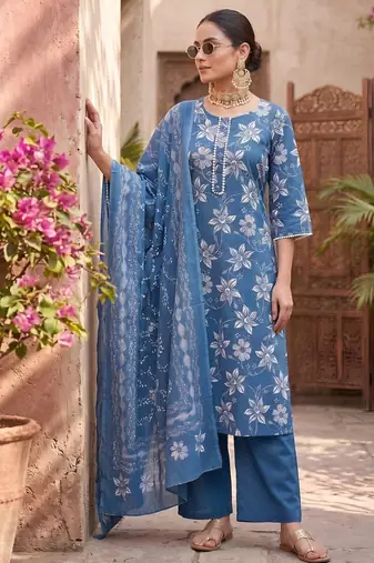 Blue floral printed straight kurta set for women
