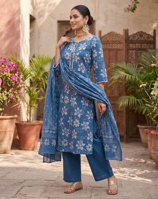 Blue floral printed straight kurta set for women 5