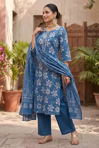 Blue floral printed straight kurta set for women
