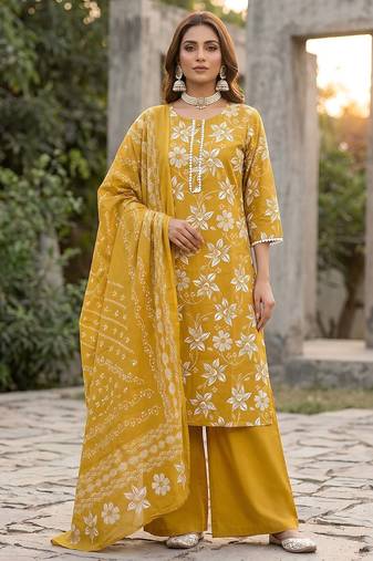 Yellow floral printed straight kurta set for women