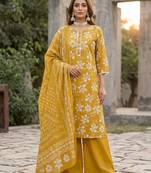 Yellow floral printed straight kurta set for women