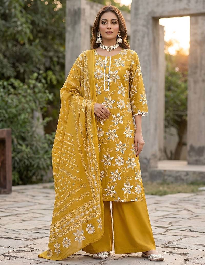 Yellow floral printed straight kurta set for women