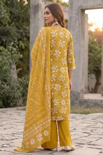 Yellow floral printed straight kurta set for women