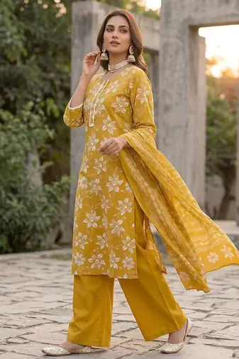 Yellow floral printed straight kurta set for women