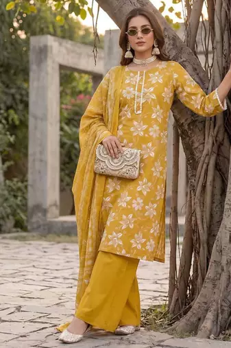 Yellow floral printed straight kurta set for women