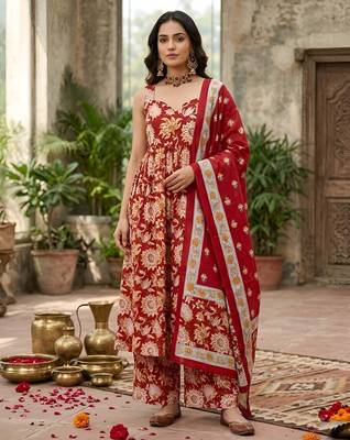 Red floral printed anarkali kurta set for women 1