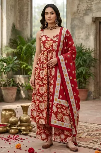 Red floral printed anarkali kurta set for women