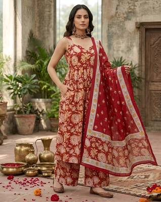 Red floral printed anarkali kurta set for women 2