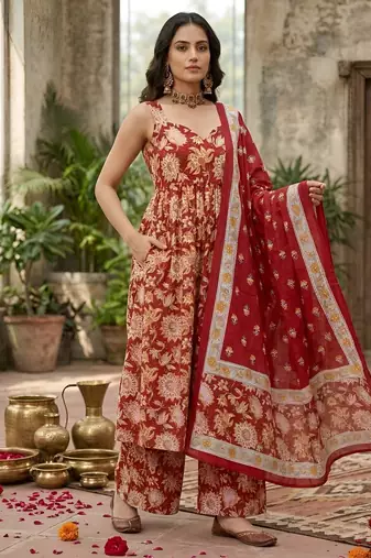 Red floral printed anarkali kurta set for women
