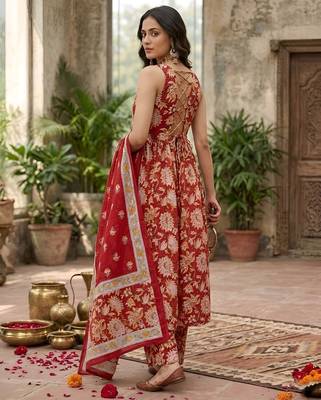 Red floral printed anarkali kurta set for women 3