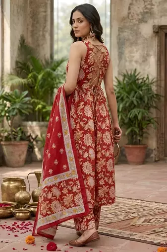 Red floral printed anarkali kurta set for women