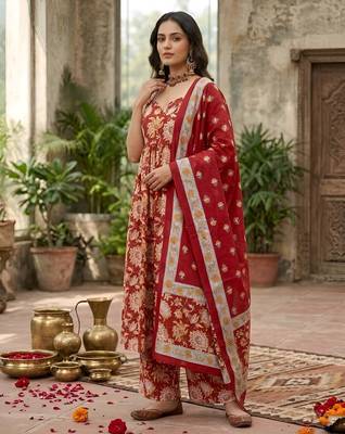 Red floral printed anarkali kurta set for women 4