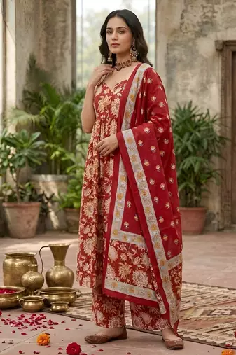 Red floral printed anarkali kurta set for women