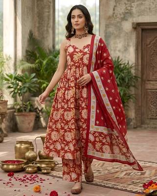Red floral printed anarkali kurta set for women 5