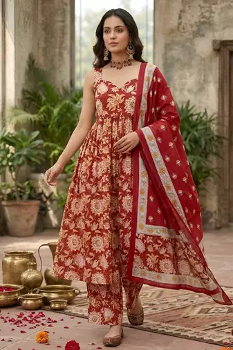 Red floral printed anarkali kurta set for women
