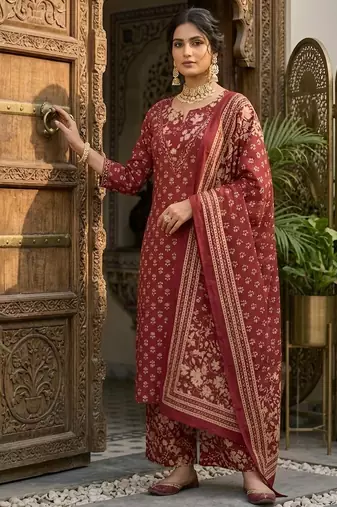 Maroon floral printed straight kurta set for women