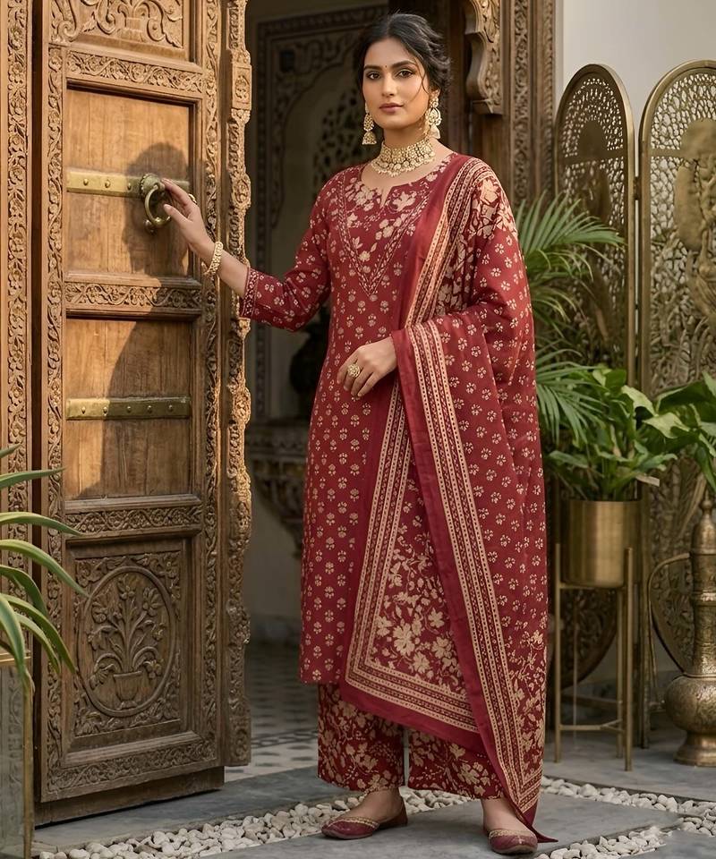 Maroon floral printed straight kurta set for women