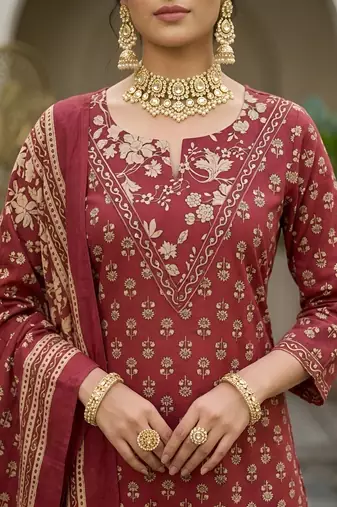 Maroon floral printed straight kurta set for women