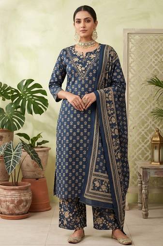 Blue floral printed straight kurta set for women