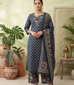Blue floral printed straight kurta set for women