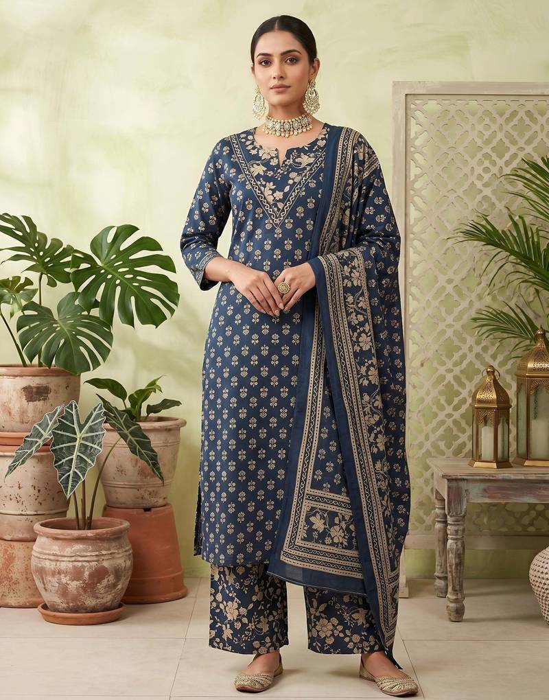 Blue floral printed straight kurta set for women