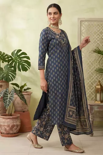 Blue floral printed straight kurta set for women