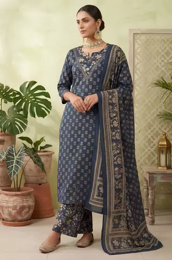 Blue floral printed straight kurta set for women