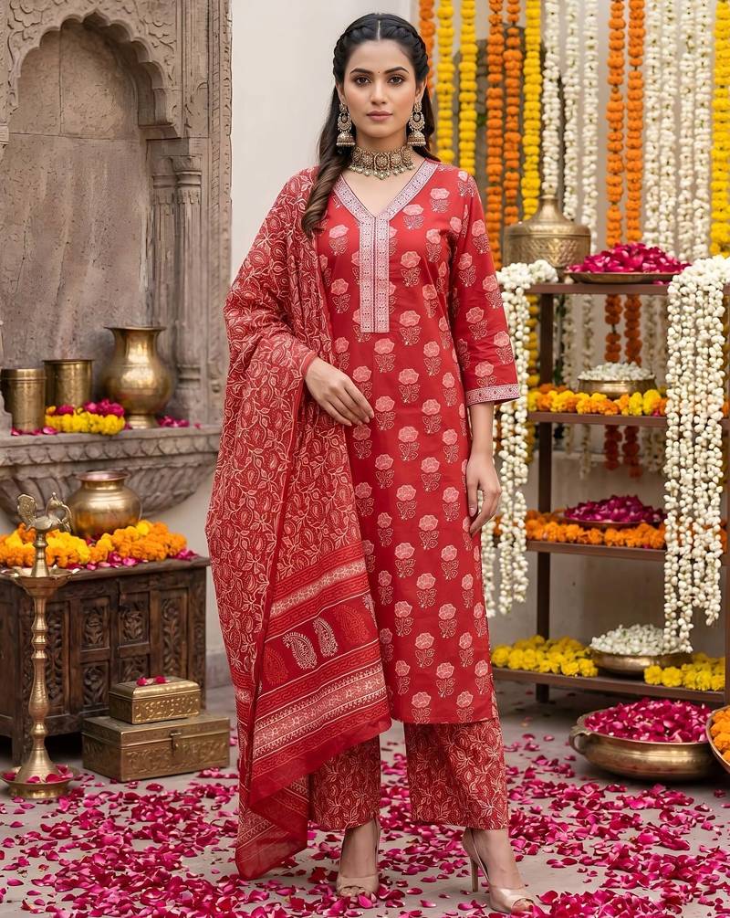 Red floral printed straight kurta set for women