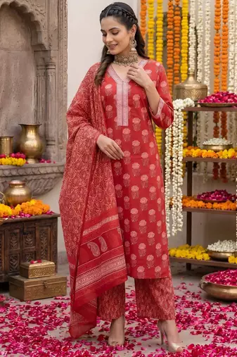 Red floral printed straight kurta set for women