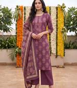Burgundy floral printed straight kurta set for women