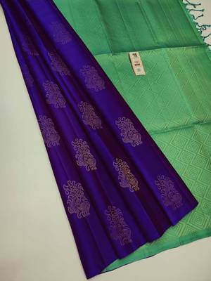 Blue green silk blend jacuard work festival saree with unstitched blouse piece 1