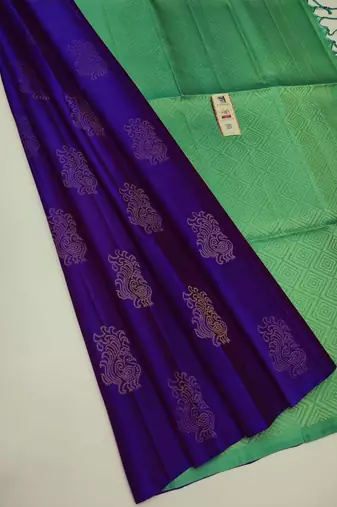 Blue green silk blend jacuard work festival saree with unstitched blouse piece