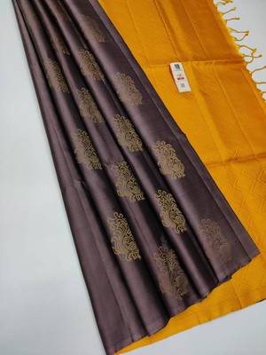 Brown yellow silk blend jacuard work festival saree with unstitched blouse piece 1