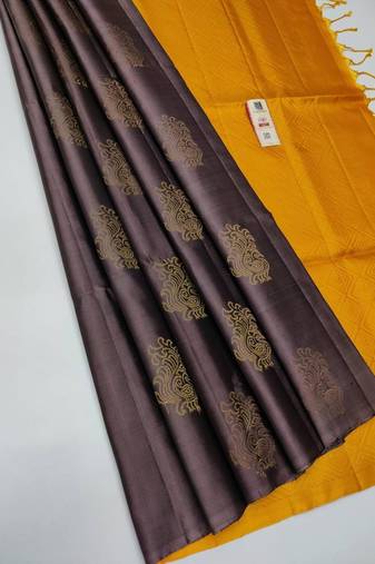 Brown yellow silk blend jacuard work festival saree with unstitched blouse piece
