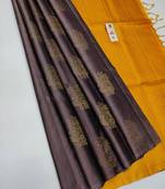 Brown yellow silk blend jacuard work festival saree with unstitched blouse piece