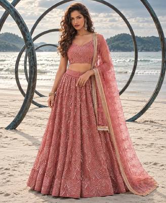 DUSTY PINK NET THREAD WITH ZARI AND SEQUINCE WORK FESTIVE LEHENGA CHOLI SET FOR WOMEN'S 1