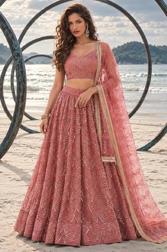 DUSTY PINK NET THREAD WITH ZARI AND SEQUINCE WORK FESTIVE LEHENGA CHOLI SET FOR WOMEN'S
