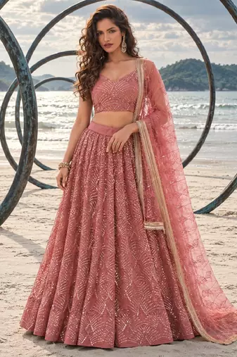 DUSTY PINK NET THREAD WITH ZARI AND SEQUIN WORK FESTIVE LEHENGA CHOLI