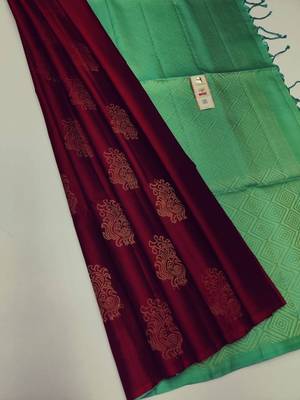 Maroon pista silk blend jacuard work festival saree with unstitched blouse piece 1
