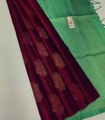 Maroon pista silk blend jacuard work festival saree with unstitched blouse piece