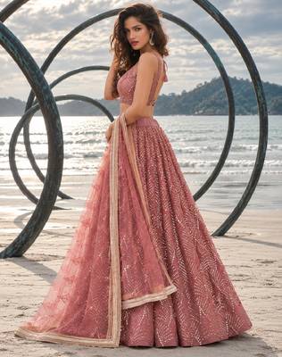 DUSTY PINK NET THREAD WITH ZARI AND SEQUINCE WORK FESTIVE LEHENGA CHOLI SET FOR WOMEN'S 3