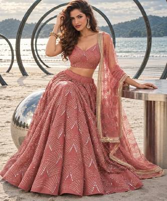DUSTY PINK NET THREAD WITH ZARI AND SEQUINCE WORK FESTIVE LEHENGA CHOLI SET FOR WOMEN'S 4