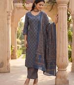 Blue floral printed straight kurta set for women